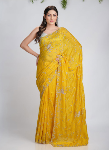 Yellow Embroidered Silk Saree