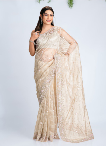 Cream Embroidered Organza Saree