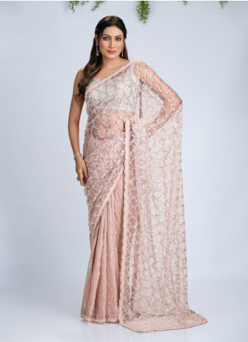 Peach Embroidered Net And Chiffon Silk Saree