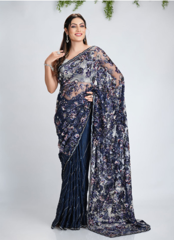 Navy Blue Embroidered Net And Crepe Silk Saree
