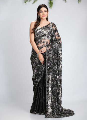 Black Embroidered Net And Crepe Silk Saree