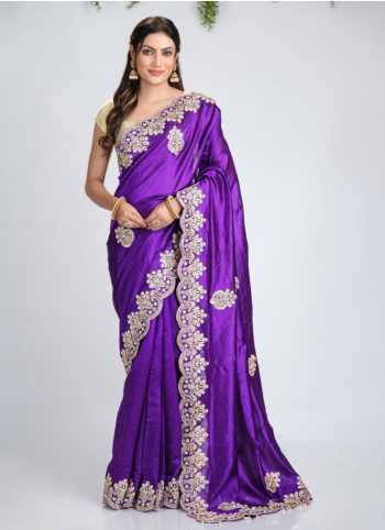 Purple Embroidered Silk Saree