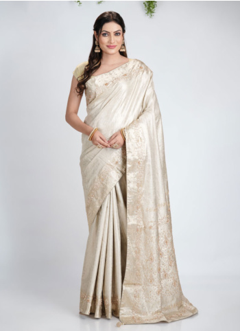 Golden Cream Embroidered Kanjivaram Silk Saree