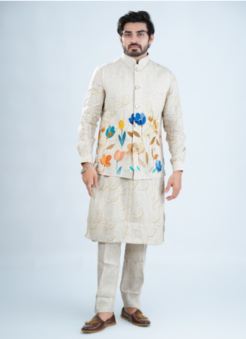 Natural Linen Men’s Printed Nehru Jacket Set