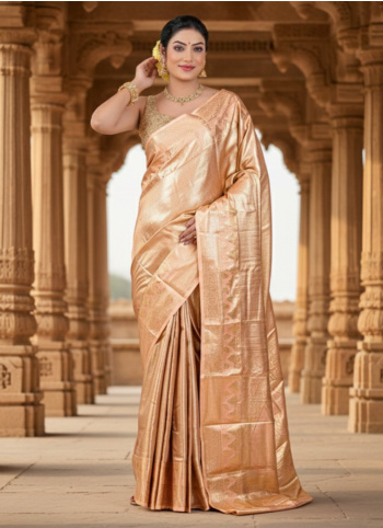 Peach and Golden Kanjivaram Silk Saree