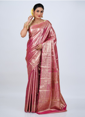 Pink And Golden Kanjivaram Silk Saree