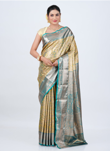Turquoise And Golden Kanjivaram Silk Saree