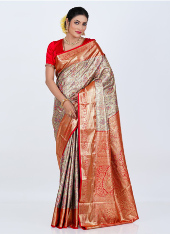 Golden And Red Kanjivaram Silk Saree