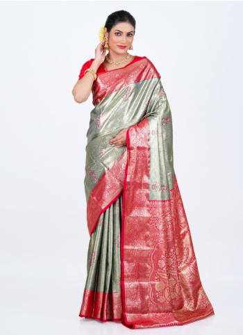 Pista Green And Red Kanjivaram Silk Saree