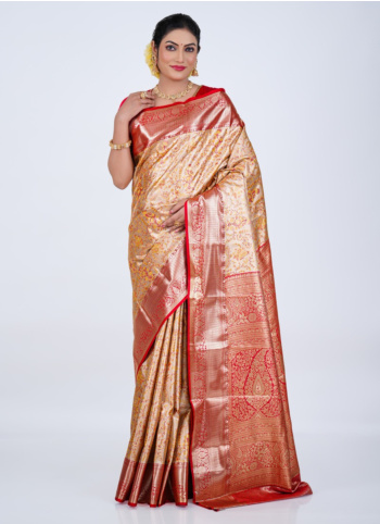Golden Cream And Red Kanjivaram Silk Saree