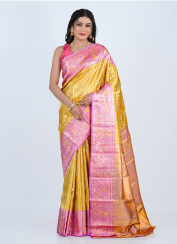 Auspicious Yellow And Light Pink Kanjivaram Saree