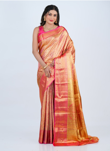 Golden And Gajari Pink Kanjivaram Saree