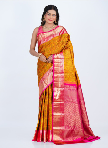 Mustard Yellow And Rani Kanjivaram Silk Saree