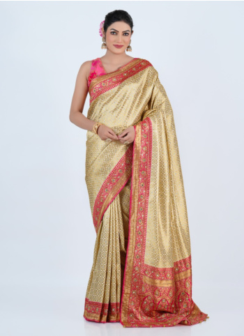 Cream Silk Saree with Pink Border