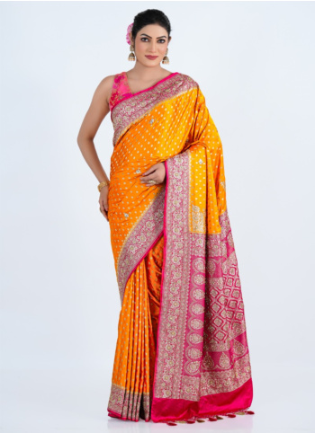 Yellow Embroidered Banarasi Silk Saree
