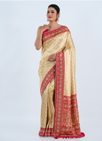 Cream and Pink Embroidered Banarasi Silk Saree