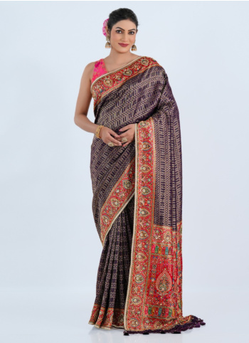 Purple Banarasi Silk Embroidered Saree