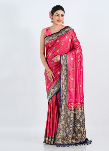 Dark Pink And Purple Embroidered Banarasi Silk Saree