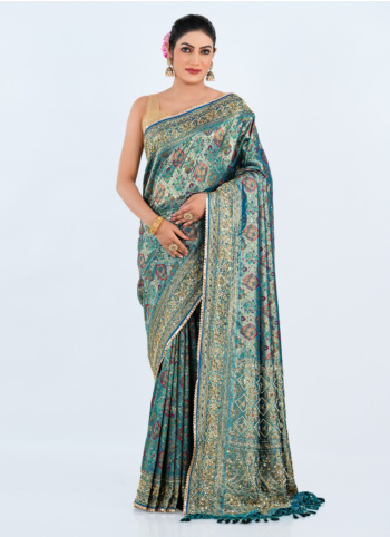 Peacock Blue Embroidered Saree in Banarasi Silk