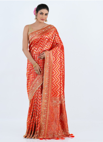Orange And Red Embroidered Banarasi Silk Saree