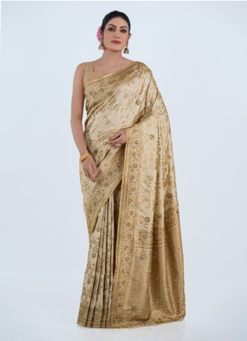 Cream Embroidered Banarasi Silk Saree