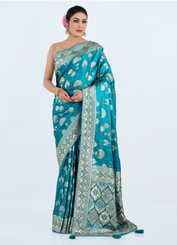 Dark Turquoise Embroidered Banarasi Silk Saree