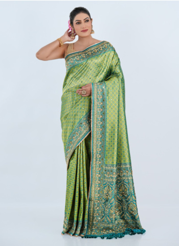 Green And Peacock Blue Banarasi Silk Saree