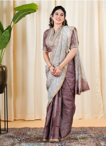 Cream And Brown Embroidered Tussar Silk Saree