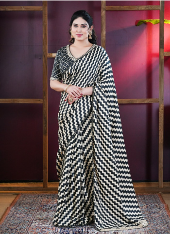 Black And Cream Satin Silk Embroidered Saree