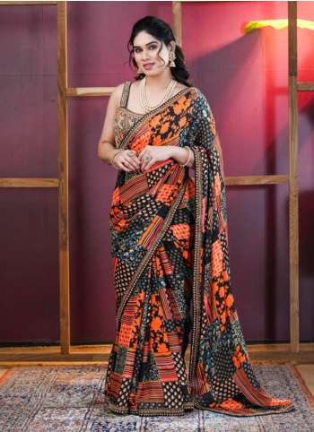 Chiffon Silk Embroidered Black And Multicolor Saree