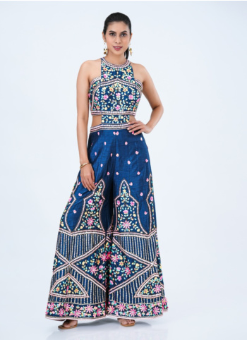 Navy Blue Raw Silk 3D Embellished Jumpsuit With Dupatta