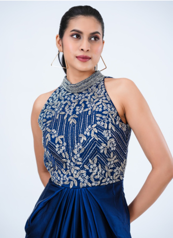 Navy Blue Crepe Silk Halter Neck Gown