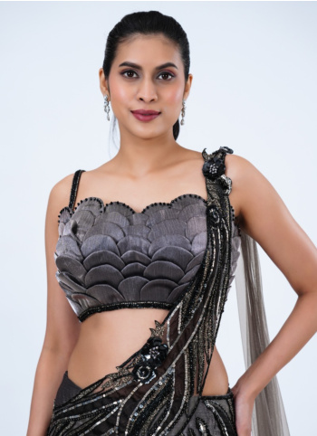 Grey Ombre Fish-cut Lehenga In Organza Fabric