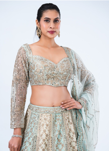 Sky Blue And Cream Silk Lehenga Choli