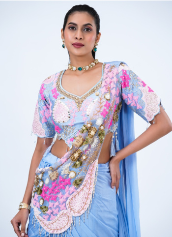 Lavender Blue Georgette Indo-Fusion Lehenga Set