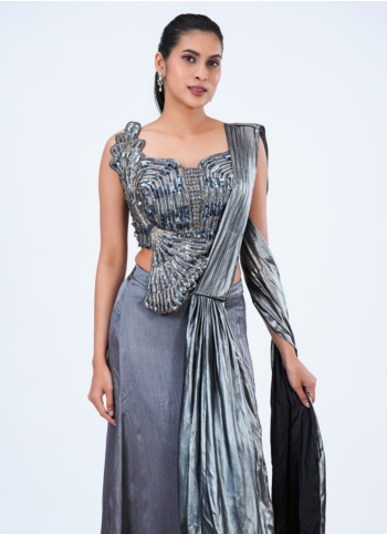Grey Silk Indowestern Lehenga Choli