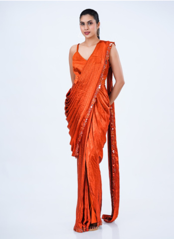 Rust Silk Ready-to-Wear Saree with Jacket