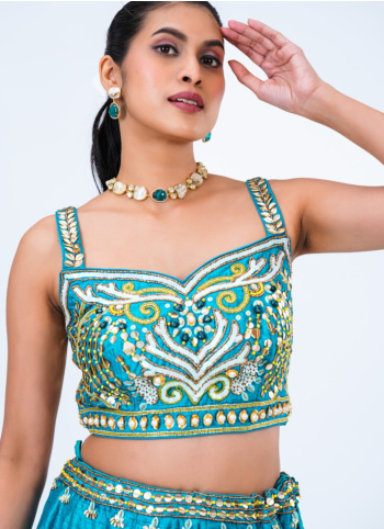 Firozi Embroidered Raw Silk Lehenga Choli