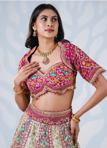 Multi colored Embroidered Silk Lehenga Set