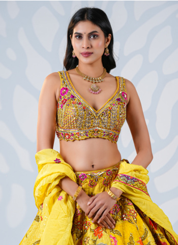 Yellow Silk Embroidered Lehenga Choli Set 