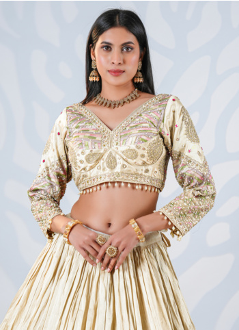 Cream Embroidered Silk Lehenga Choli