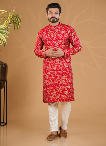 Festive Wear Rani Printed Cotton Silk Kurta Pajama