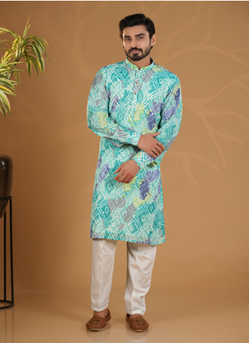 Firozi Printed Kurta Pajama In Silk