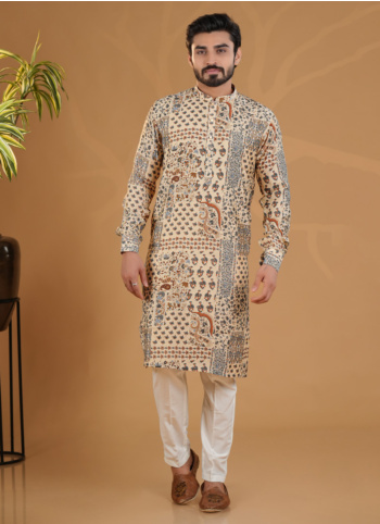 Cream Printed Kurta Pajama In Silk