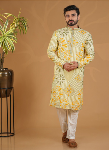 Yellow Printed Silk Kurta Pajama