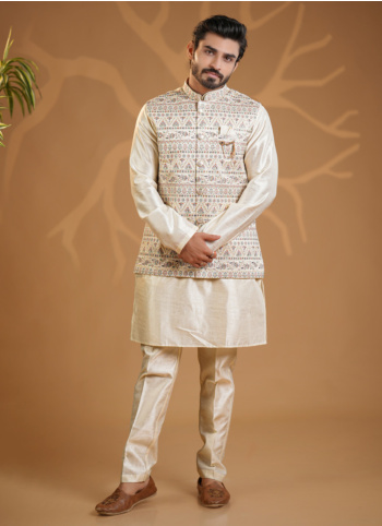 Cream Embroidered Silk Nehru Jacket Set 
