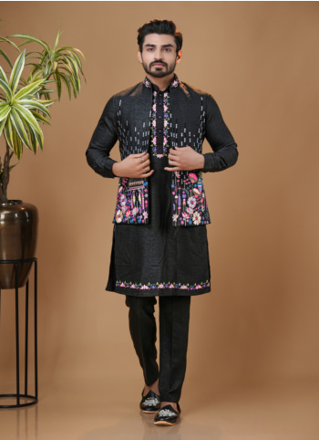 Black Embroidered Silk Nehru Jacket Set 