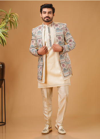 Cream Embroidered Indowestern Set In Silk 