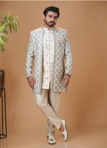 Embroidered Cream Color Silk Indowestern Set