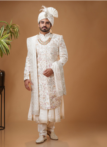 Off White Embroidered Dulha Sherwani Set In Silk